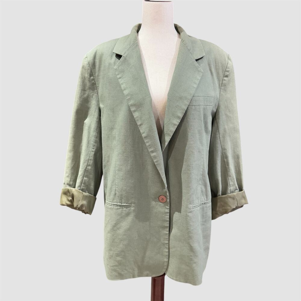 Vintage Fashion Options Womens Linen cotton Blazer Green Millitary Preppy sz 16